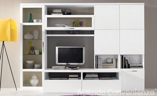 Parete Attrezzata Soggiorno Mondo Convenienza  - Parete Attrezzata Soggiorno Legno E Laccato Way 02 Completa Di Porta Tv Retroilluminato A Led E Libreria Con Divisori Coordinati Ad Ante E Struttura.